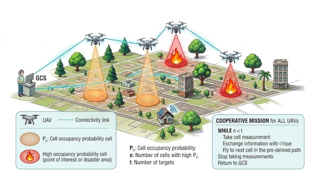 A cooperative multi-UAV search mission over a gridded disaster area: four UAVs sense cells and relay findings to a ground control station over multi-hop connectivity links; high-occupancy cells (points of interest) are revisited.